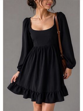 ABERCROMBIE & FITCH • Black Ruffle-Trim Long Sleeve Babydoll Mini Dress, SP